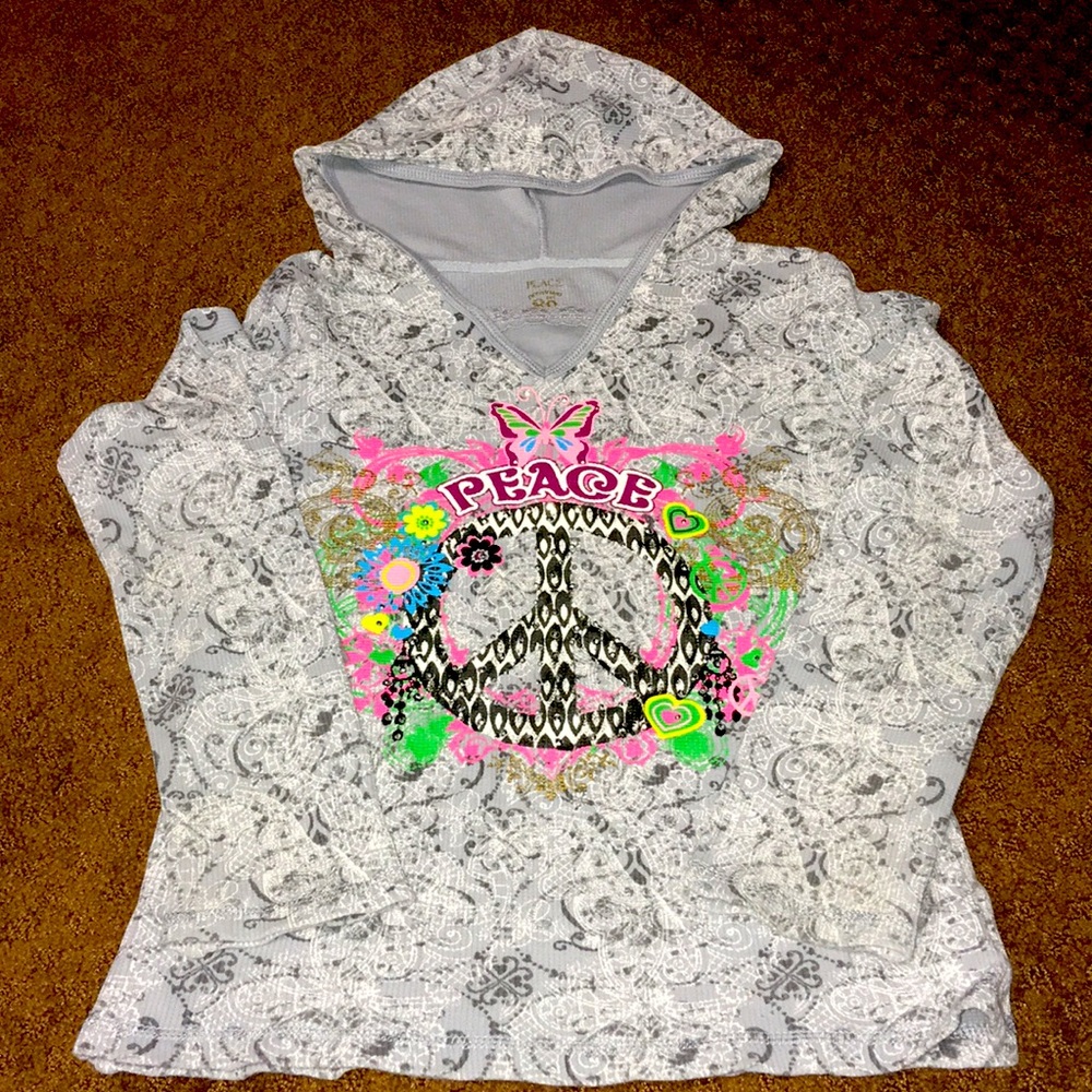 Hoodie Girls size 7-8 Medium unique Peace gray EUC-like new